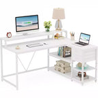 Bureau d'ordinateur réversible en forme de L Lantine avec tiroir, bureau d'angle avec étagères de rangement et support d'écran pour bureau à domicile