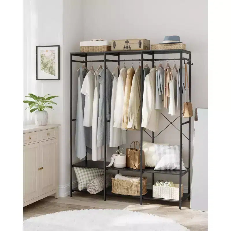 SONGMICS Portant à vêtements, Organisateur de placard en fer et bois, Armoire de rangement robuste avec tringles à suspendre