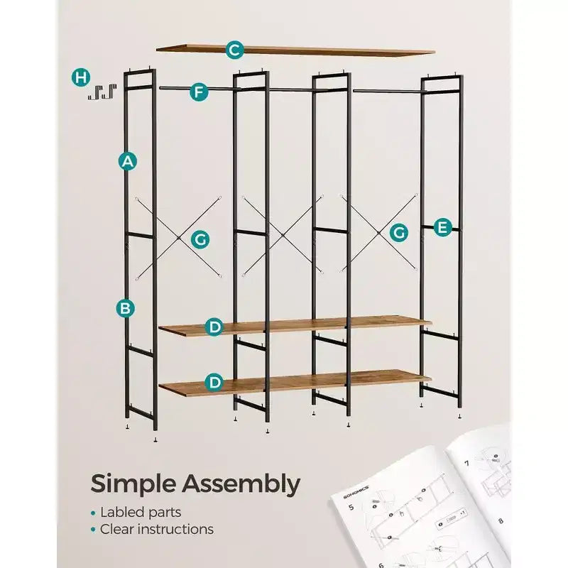SONGMICS Portant à vêtements, Organisateur de placard en fer et bois, Armoire de rangement robuste avec tringles à suspendre