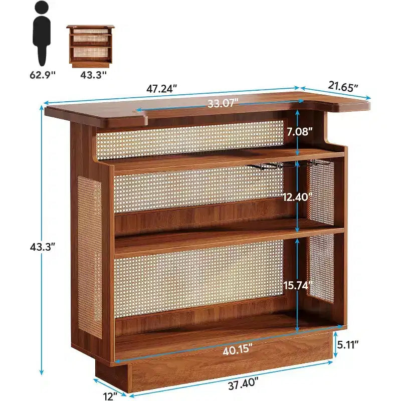 Meuble de bar à domicile en rotin Lantine, mini-bar de ferme à 4 niveaux avec 4 porte-verres à pied et base rehaussée, meuble-bar à alcool pour pub à domicile