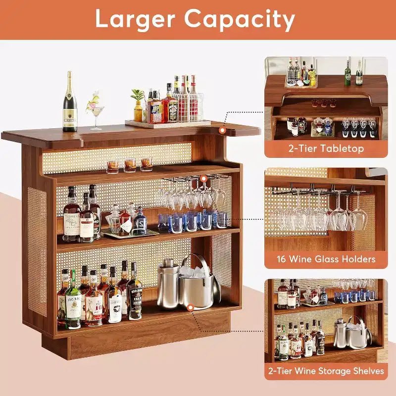 Meuble de bar à domicile en rotin Lantine, mini-bar de ferme à 4 niveaux avec 4 porte-verres à pied et base rehaussée, meuble-bar à alcool pour pub à domicile