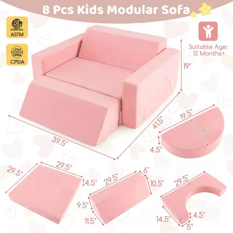 Canapé de jeu modulaire pour enfants Costway 8 PCS avec housse amovible pour salle de jeux et chambre à coucher intérieur rose/gris