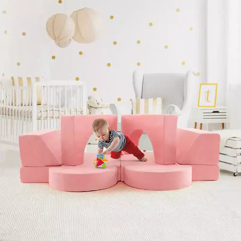 Canapé de jeu modulaire pour enfants Costway 8 PCS avec housse amovible pour salle de jeux et chambre à coucher intérieur rose/gris