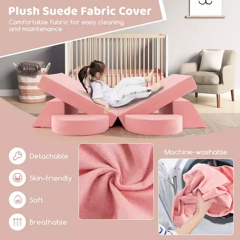 Canapé de jeu modulaire pour enfants Costway 8 PCS avec housse amovible pour salle de jeux et chambre à coucher intérieur rose/gris