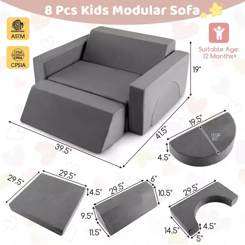 Canapé de jeu modulaire pour enfants Costway 8 PCS avec housse amovible pour salle de jeux et chambre à coucher intérieur rose/gris