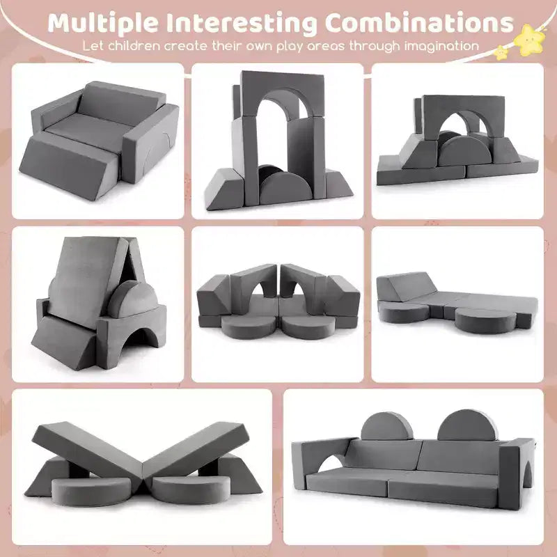 Canapé de jeu modulaire pour enfants Costway 8 PCS avec housse amovible pour salle de jeux et chambre à coucher intérieur rose/gris