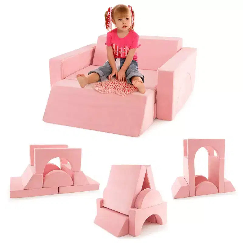 Canapé de jeu modulaire pour enfants Costway 8 PCS avec housse amovible pour salle de jeux et chambre à coucher intérieur rose/gris