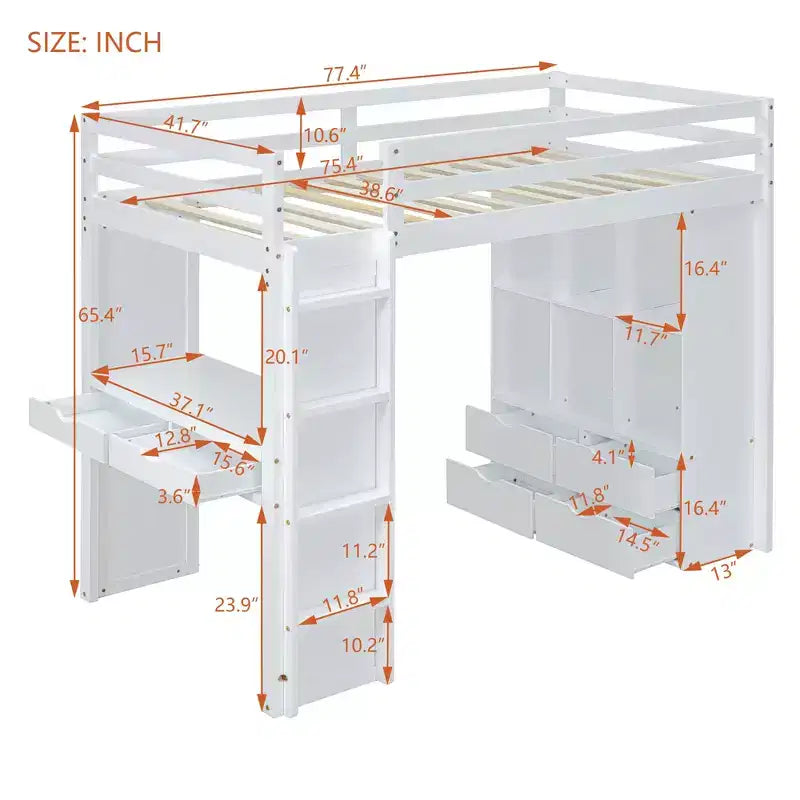Lit mezzanine double/grand format avec grandes étagères, bureau et éclairage LED 4A - ModernLuxe