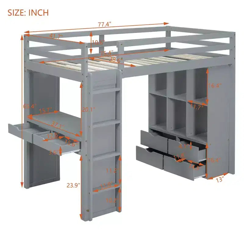 Lit mezzanine double/grand format avec grandes étagères, bureau et éclairage LED 4A - ModernLuxe