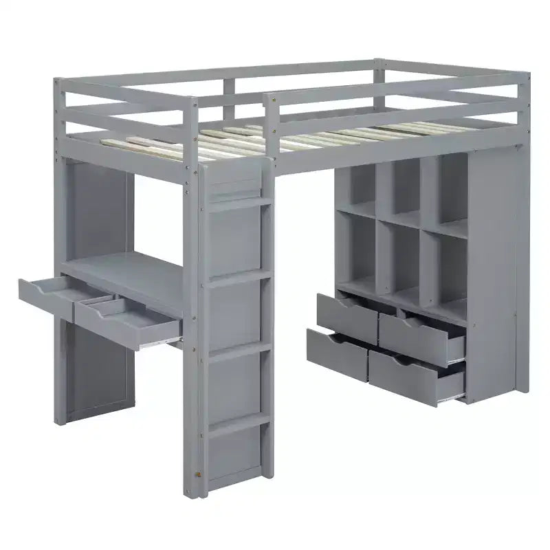 Lit mezzanine double/grand format avec grandes étagères, bureau et éclairage LED 4A - ModernLuxe