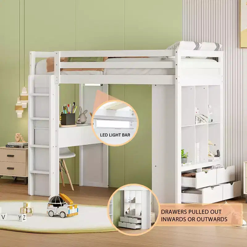 Lit mezzanine double/grand format avec grandes étagères, bureau et éclairage LED 4A - ModernLuxe
