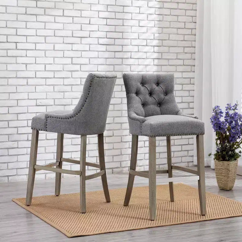 Tabouret de bar à oreilles rembourré WestinTrends 29 en lin avec boutons touffetés (Lot de 2), Gris