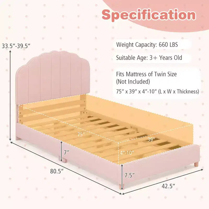 Cadre de lit plateforme double pour enfants Costway Lit double rembourré avec support de lattes en bois