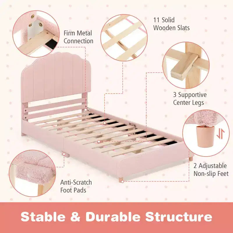 Cadre de lit plateforme double pour enfants Costway Lit double rembourré avec support de lattes en bois