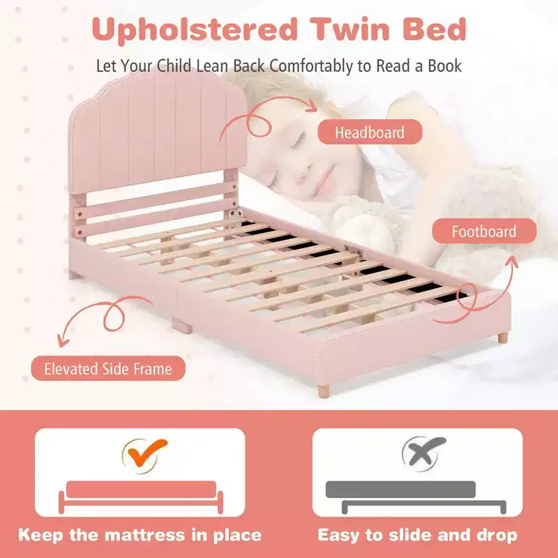 Cadre de lit plateforme double pour enfants Costway Lit double rembourré avec support de lattes en bois