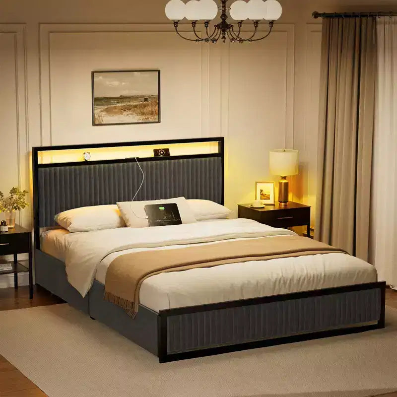 Cadre de lit rembourré Hausource avec 2 tiroirs de rangement, tête de lit LED, ports USB, gris foncé