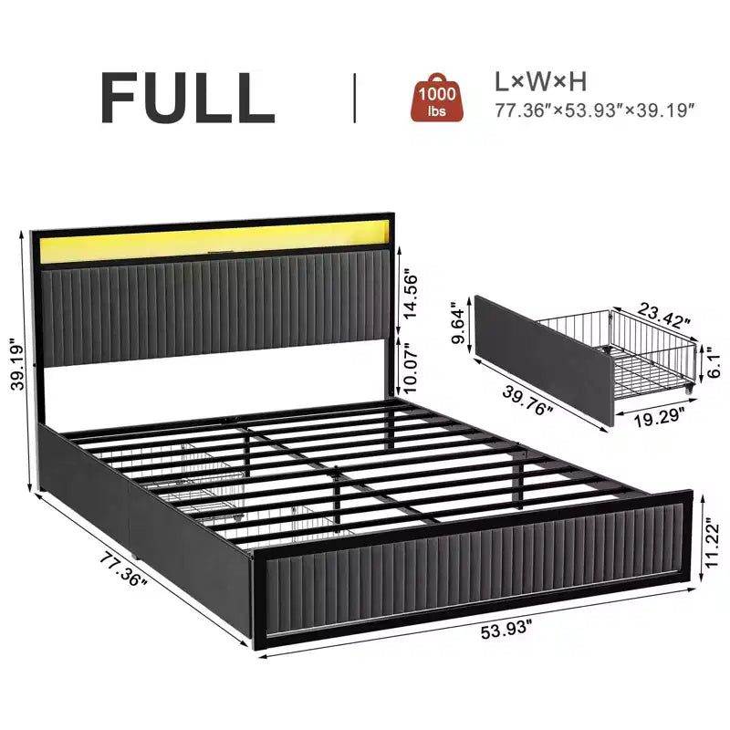 Cadre de lit rembourré Hausource avec 2 tiroirs de rangement, tête de lit LED, ports USB, gris foncé