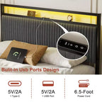 Cadre de lit rembourré Hausource avec 2 tiroirs de rangement, tête de lit LED, ports USB, gris foncé