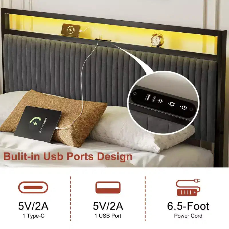 Cadre de lit rembourré Hausource avec 2 tiroirs de rangement, tête de lit LED, ports USB, gris foncé