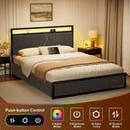 Cadre de lit rembourré Hausource avec 2 tiroirs de rangement, tête de lit LED, ports USB, gris foncé