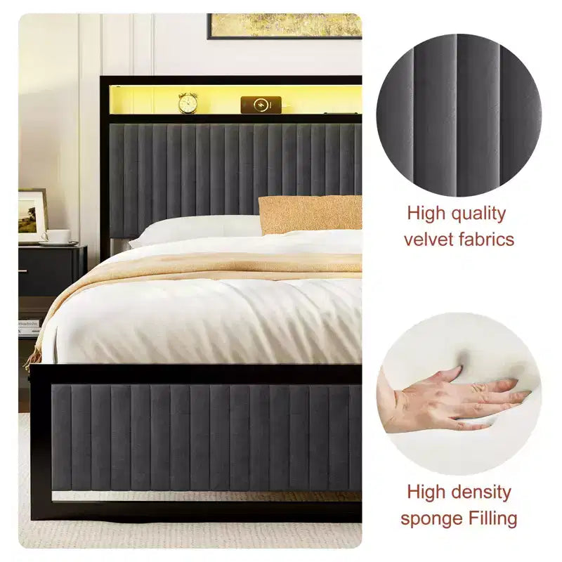 Cadre de lit rembourré Hausource avec 2 tiroirs de rangement, tête de lit LED, ports USB, gris foncé