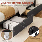 Cadre de lit rembourré Hausource avec 2 tiroirs de rangement, tête de lit LED, ports USB, gris foncé