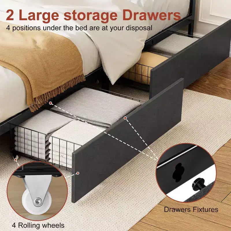 Cadre de lit rembourré Hausource avec 2 tiroirs de rangement, tête de lit LED, ports USB, gris foncé