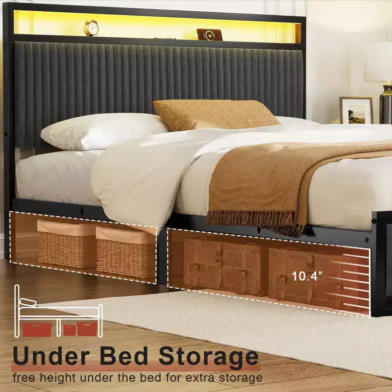 Cadre de lit rembourré Hausource avec 2 tiroirs de rangement, tête de lit LED, ports USB, gris foncé
