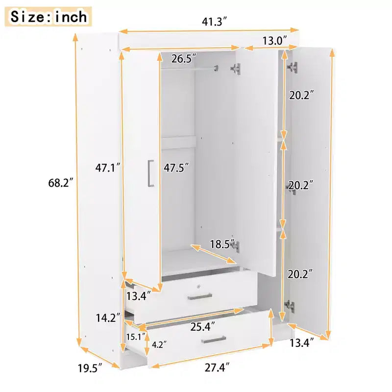 Armoire 3 portes avec étagères et 2 tiroirs, Dressing 4A - ModernLuxe