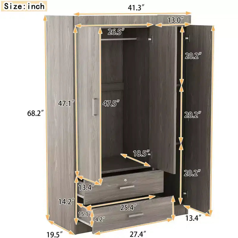 Armoire 3 portes avec étagères et 2 tiroirs, Dressing 4A - ModernLuxe