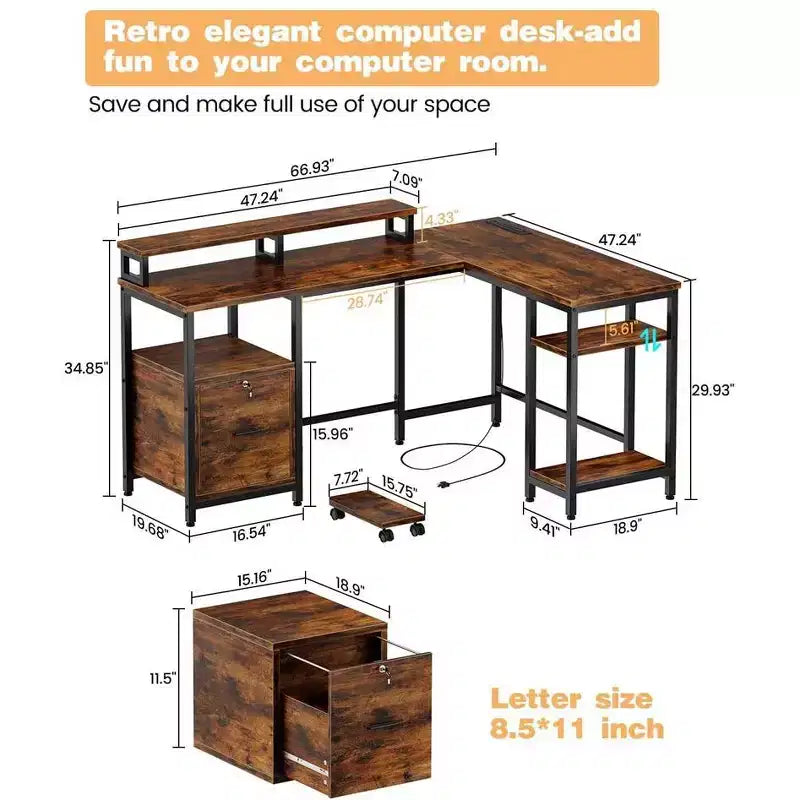 Bureau d'ordinateur en L de 67 pouces avec prise électrique