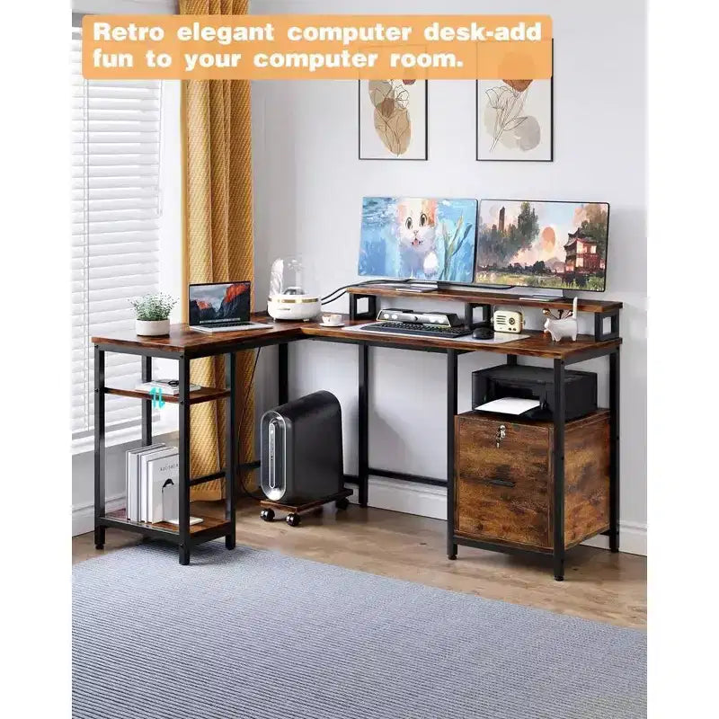 Bureau d'ordinateur en L de 67 pouces avec prise électrique