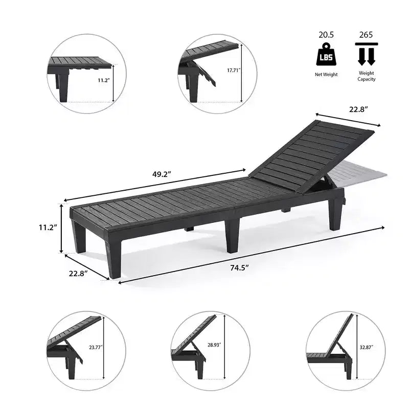 Chaise longue imperméable Nestl, chaises de patio extérieures noires légères et réglables