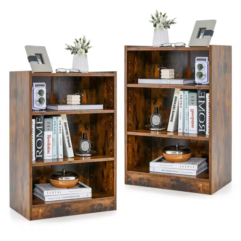 Costway Lot de 2 bibliothèques à 3 niveaux, étagère de présentation ouverte polyvalente avec étagères réglables Blanc/Noir/Marron