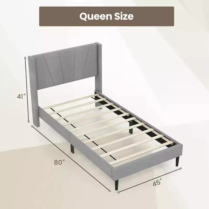 Cadre de lit Costway Queen/Twin, plateforme moderne avec tête de lit capitonnée en lin et oreilles latérales.