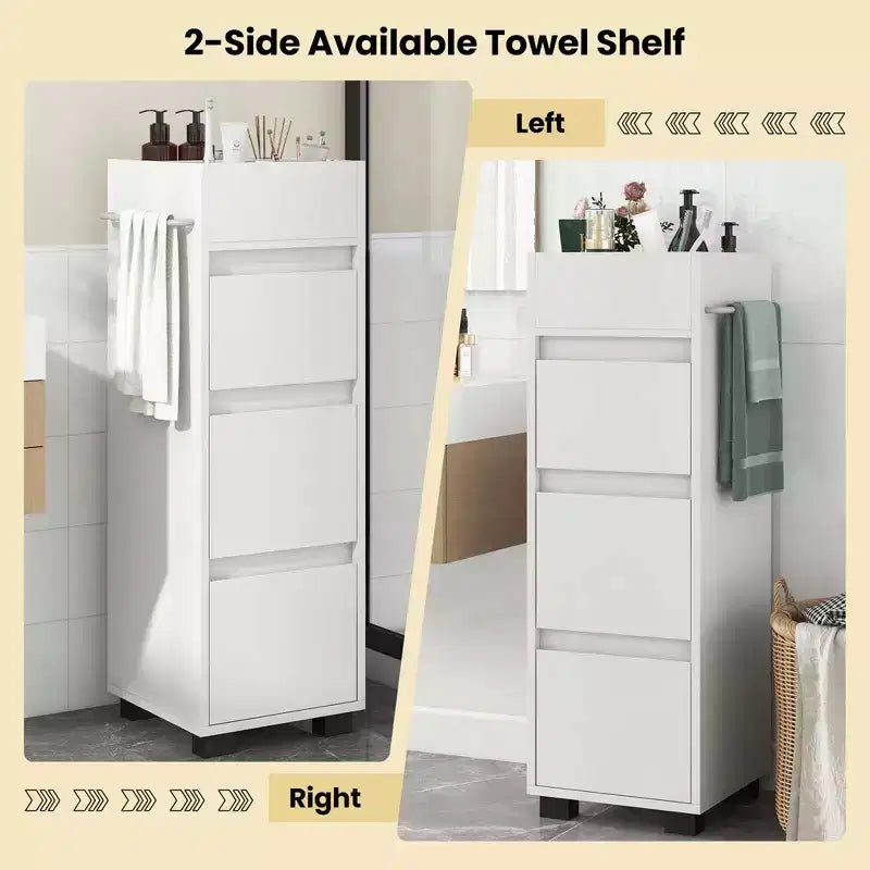 Meuble de salle de bain Costway avec 3 tiroirs, 4 compartiments et étagère porte-serviettes à 2 côtés, Blanc