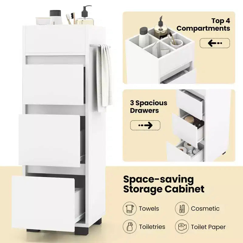 Meuble de salle de bain Costway avec 3 tiroirs, 4 compartiments et étagère porte-serviettes à 2 côtés, Blanc