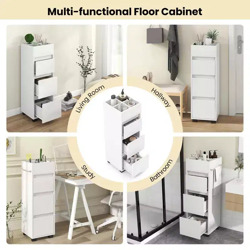 Meuble de salle de bain Costway avec 3 tiroirs, 4 compartiments et étagère porte-serviettes à 2 côtés, Blanc