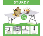Table pliante portable de 1,8 m en PEHD, pour l'intérieur et l'extérieur, pieds en acier laqué, 8 places, blanche