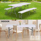 Table pliante portable de 1,8 m en PEHD, pour l'intérieur et l'extérieur, pieds en acier laqué, 8 places, blanche
