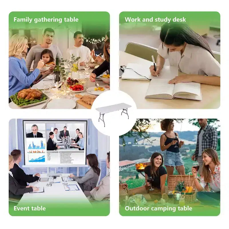Table pliante portable de 1,8 m en PEHD, pour l'intérieur et l'extérieur, pieds en acier laqué, 8 places, blanche