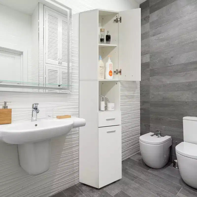 Basicwise 71,5 Étagère d'angle sur pied avec 2 portes, 1 tiroir, Armoire colonne de rangement, Parfait pour la salle de bain, le salon, la cuisine ou le bureau à domicile