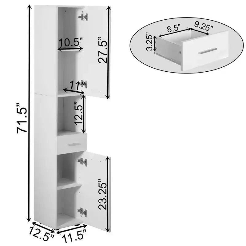 Basicwise 71,5 Étagère d'angle sur pied avec 2 portes, 1 tiroir, Armoire colonne de rangement, Parfait pour la salle de bain, le salon, la cuisine ou le bureau à domicile