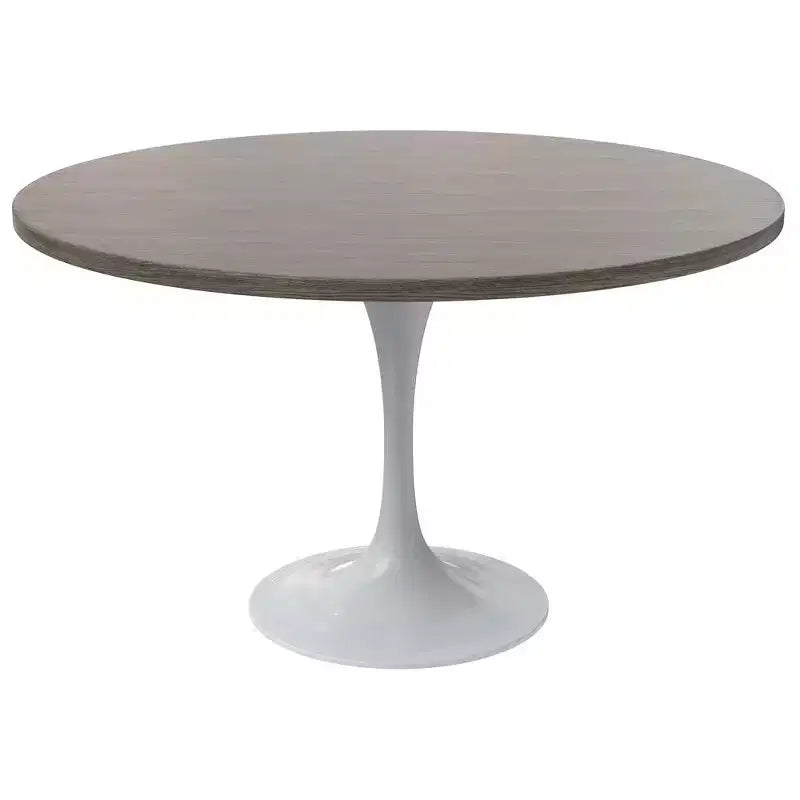 LeisureMod Verve Mid-Century Modern Table with a 48 Round MDF Tabletop and White Steel Pedestal Base for Kitchen and Dining Room in Dark Maple