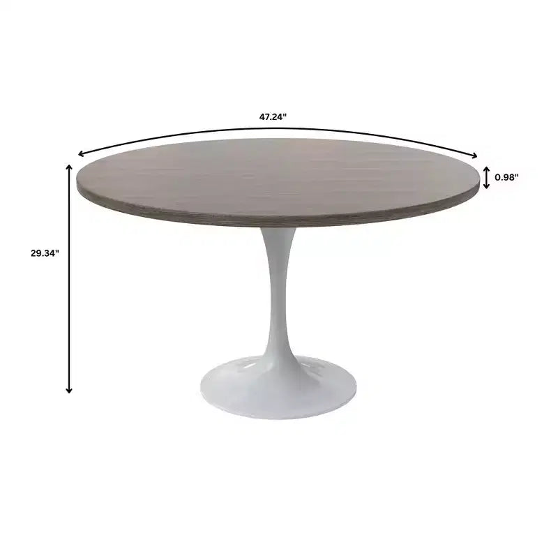 Table moderne LeisureMod Verve du milieu du siècle avec plateau rond de 48 po en MDF et base piédestal en acier blanc pour cuisine et salle à manger, en érable foncé