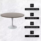 Table moderne LeisureMod Verve du milieu du siècle avec plateau rond de 48 po en MDF et base piédestal en acier blanc pour cuisine et salle à manger, en érable foncé