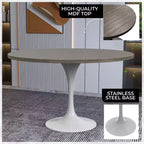 Table moderne LeisureMod Verve du milieu du siècle avec plateau rond de 48 po en MDF et base piédestal en acier blanc pour cuisine et salle à manger, en érable foncé