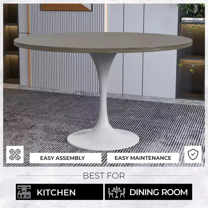 Table moderne LeisureMod Verve du milieu du siècle avec plateau rond de 48 po en MDF et base piédestal en acier blanc pour cuisine et salle à manger, en érable foncé