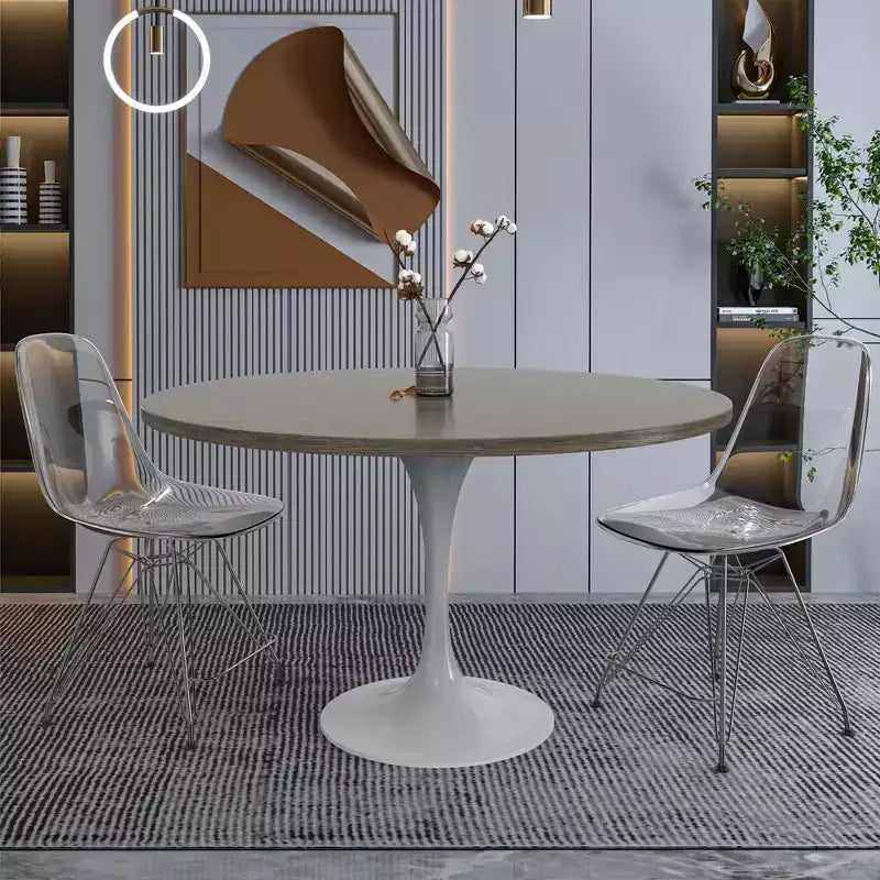 Table moderne LeisureMod Verve du milieu du siècle avec plateau rond de 48 po en MDF et base piédestal en acier blanc pour cuisine et salle à manger, en érable foncé