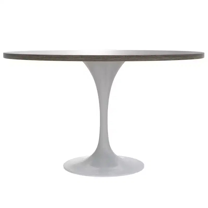 Table moderne LeisureMod Verve du milieu du siècle avec plateau rond de 48 po en MDF et base piédestal en acier blanc pour cuisine et salle à manger, en érable foncé